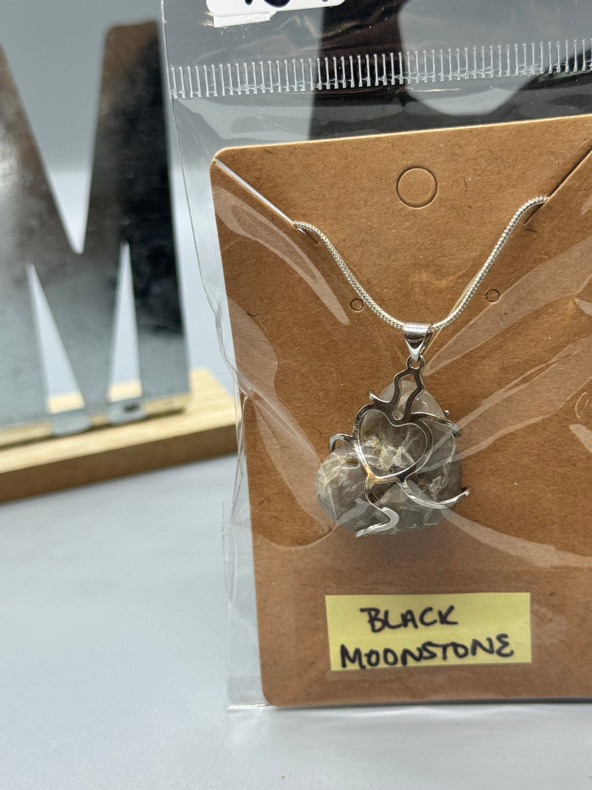 Black Moonstone Necklace on 925 Sterling Chain # 489