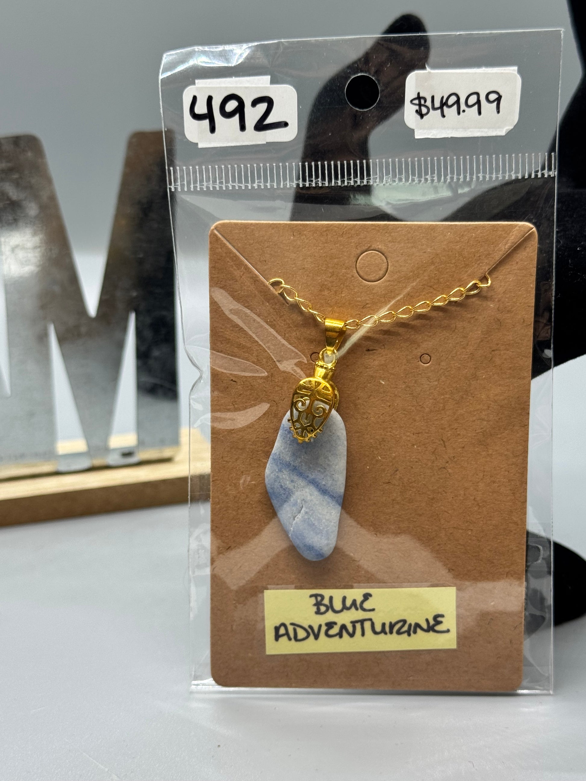 Blue Aventurine Necklace on 30" Gold-Plated Chain # 492