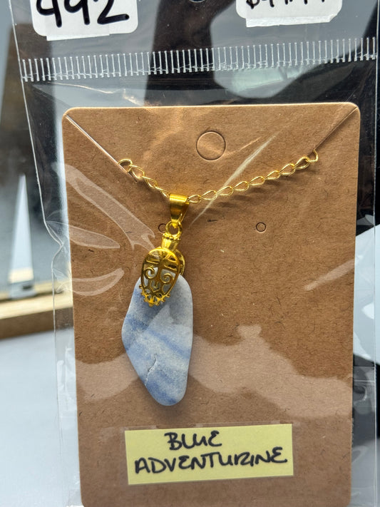 Blue Aventurine Necklace on 30" Gold-Plated Chain # 492
