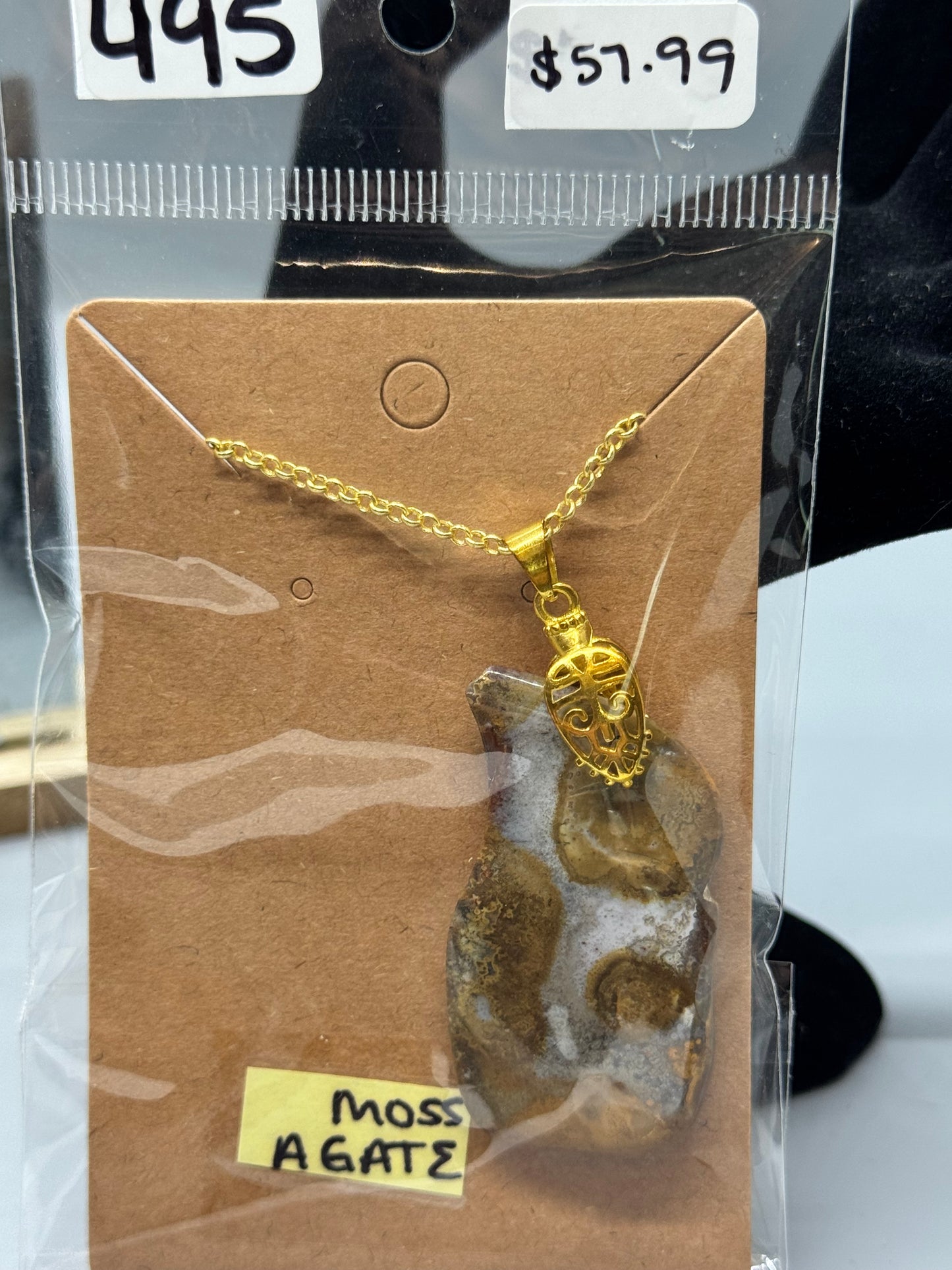 Moss Agate Necklace on 24" Gold-Plated Chain # 495