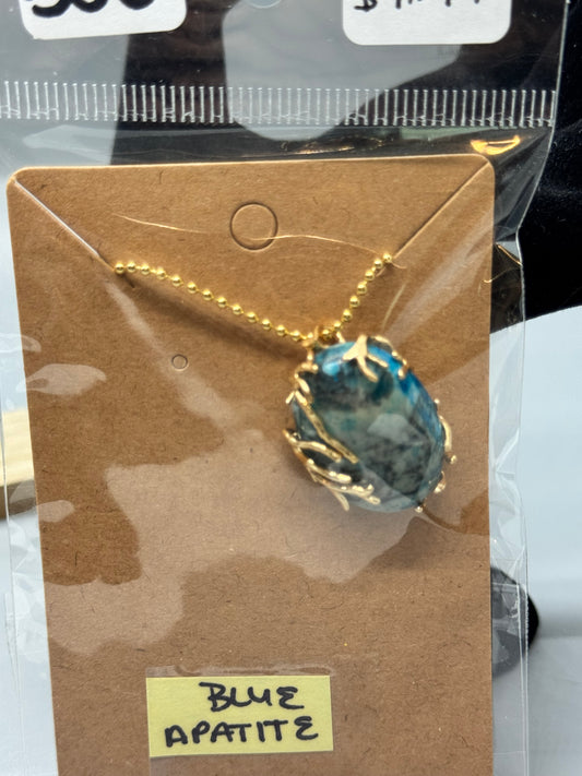 Blue Apatite Necklace – 28" Gold Chain Handcrafted Jewelry # 506