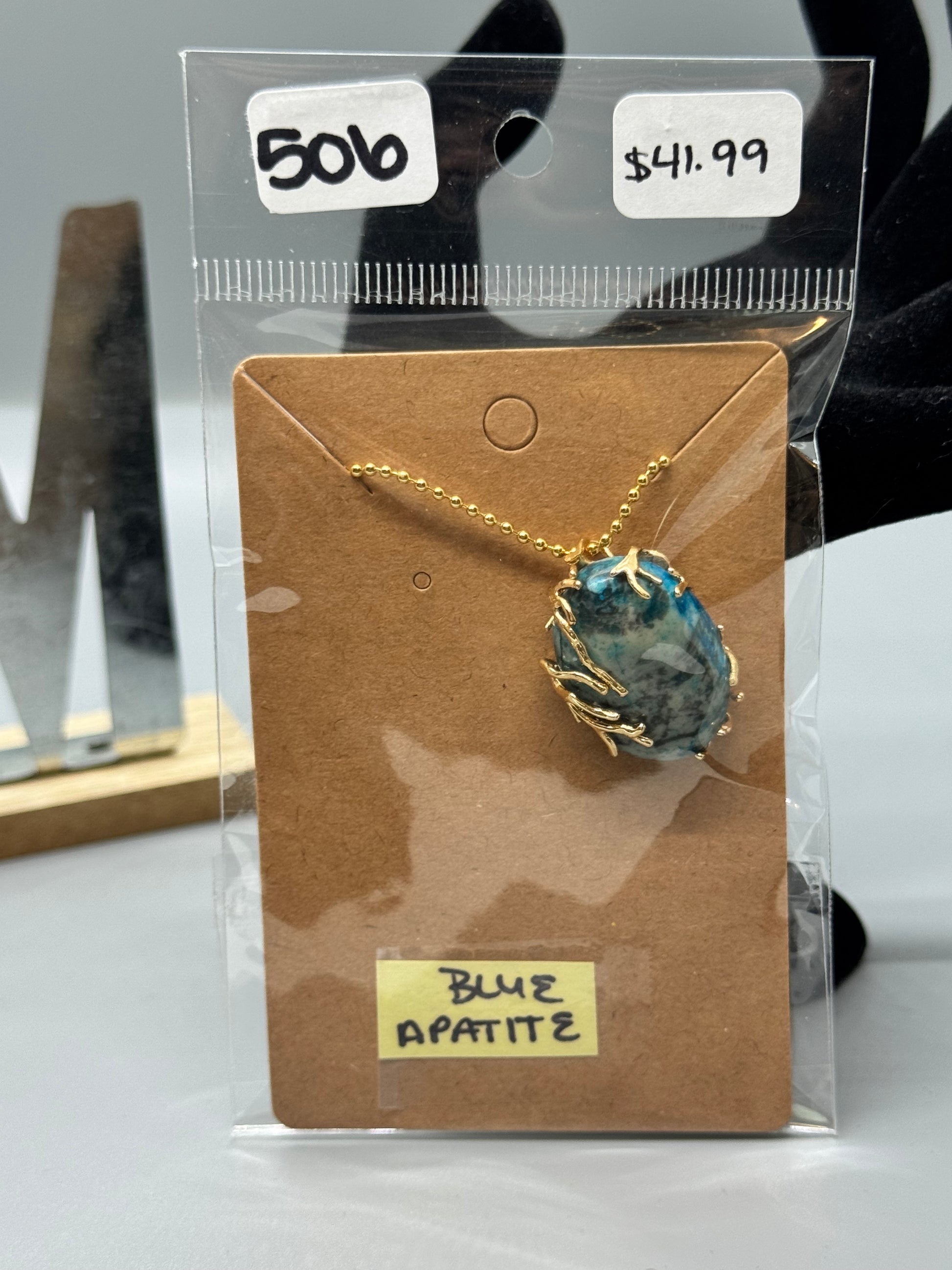 Blue Apatite Necklace – 28" Gold Chain Handcrafted Jewelry # 506