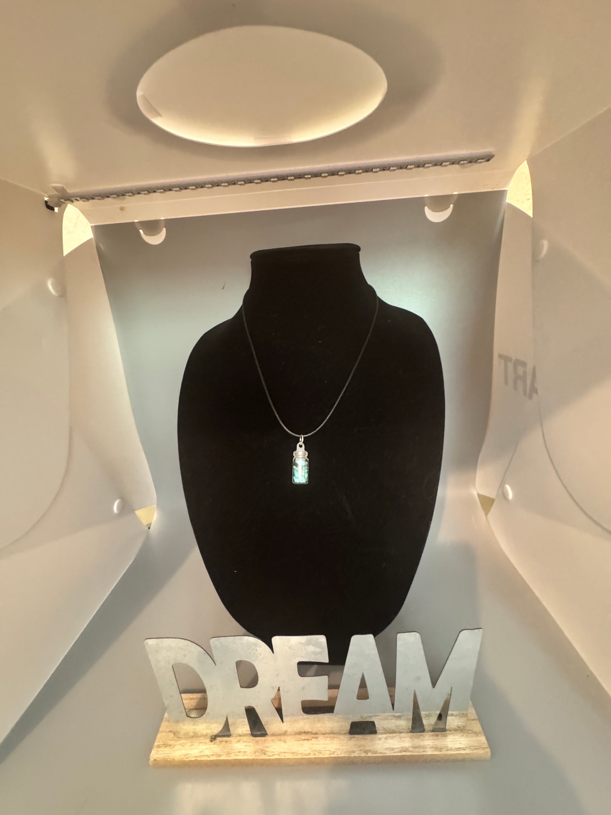 Turquoise Glass Jar Pendant Necklace – 8" Cord
