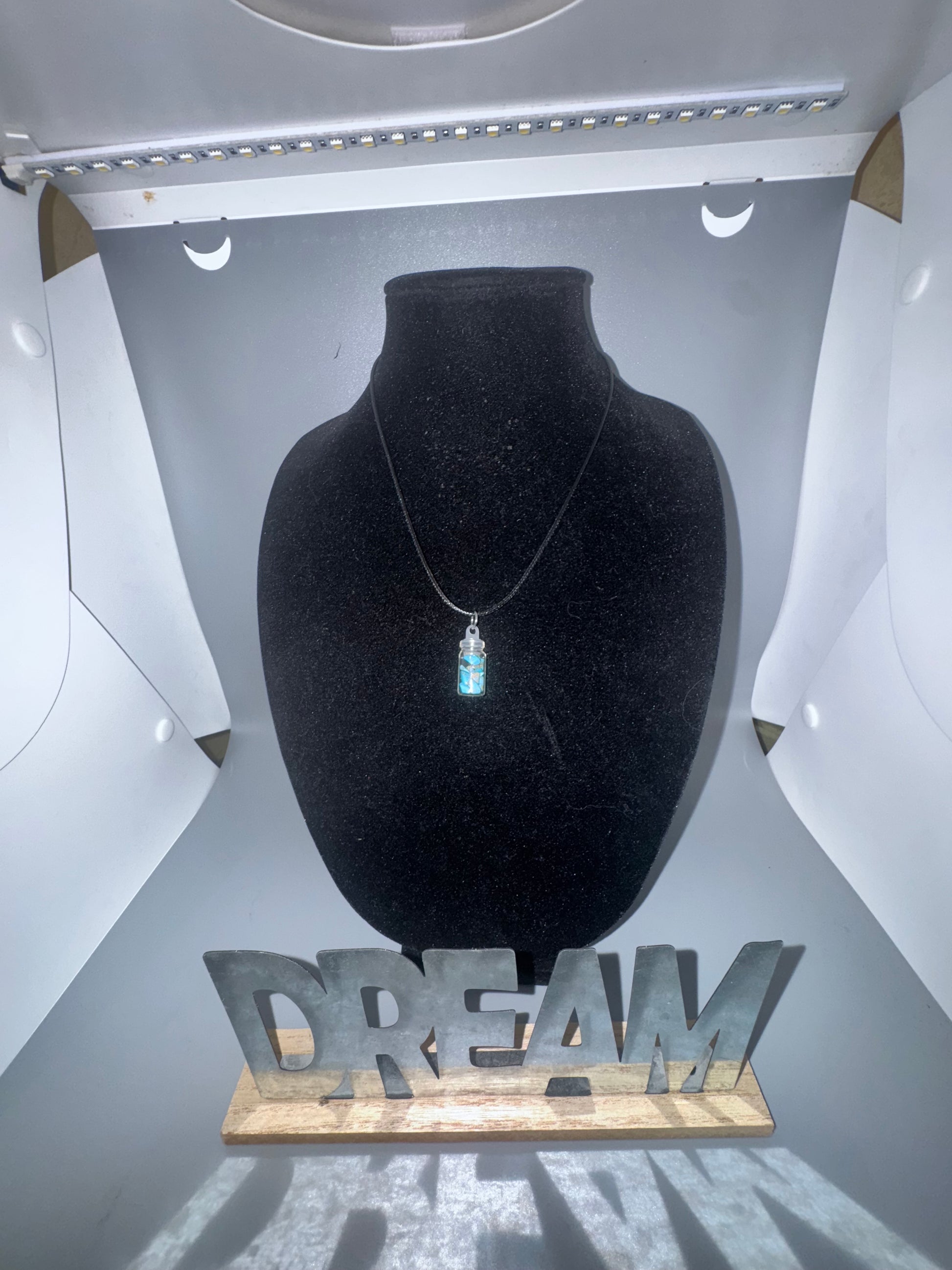 Turquoise Glass Jar Pendant Necklace – 8" Cord