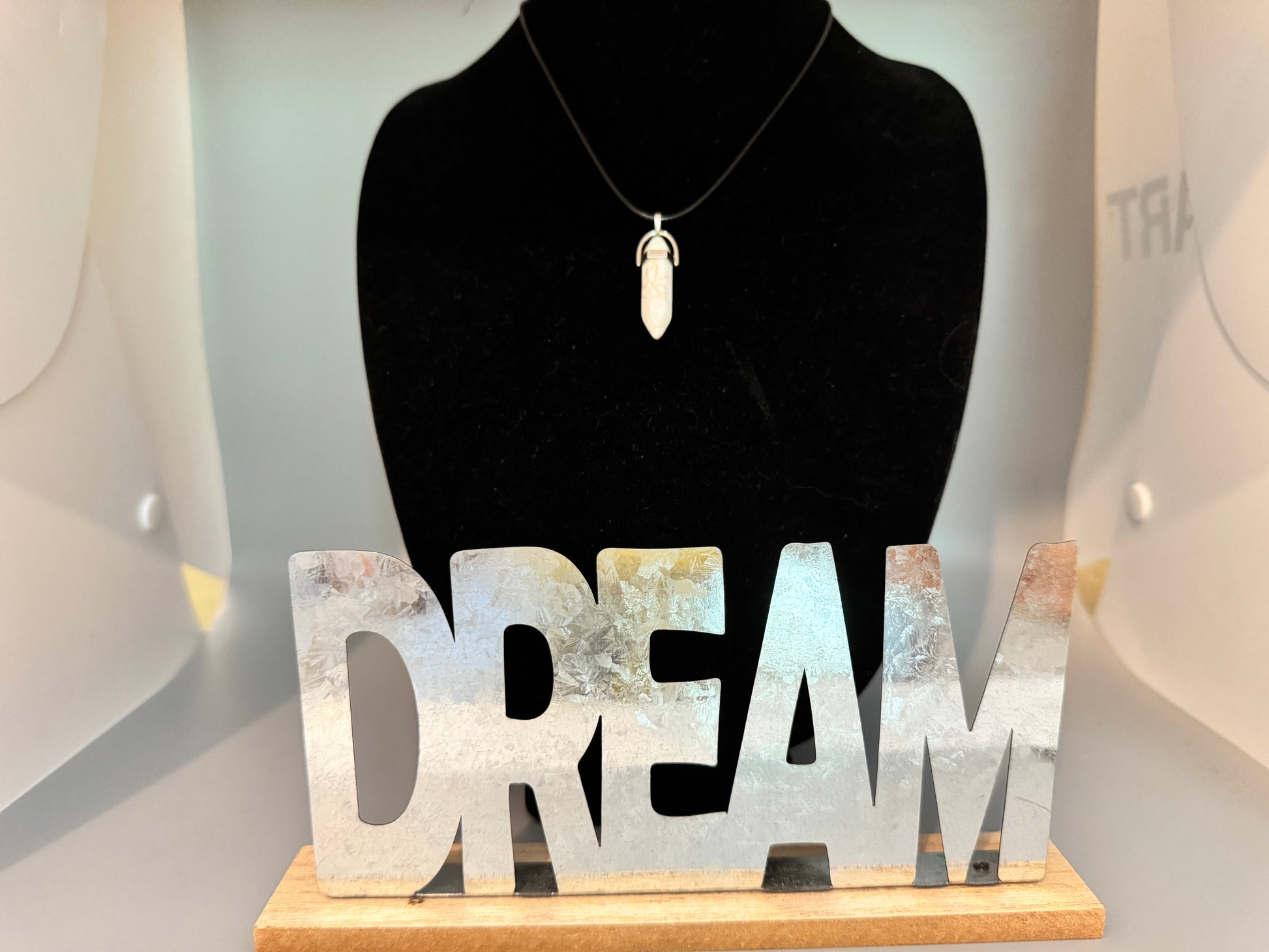 White & Brown Glass Pendant Necklace – 8" Cord