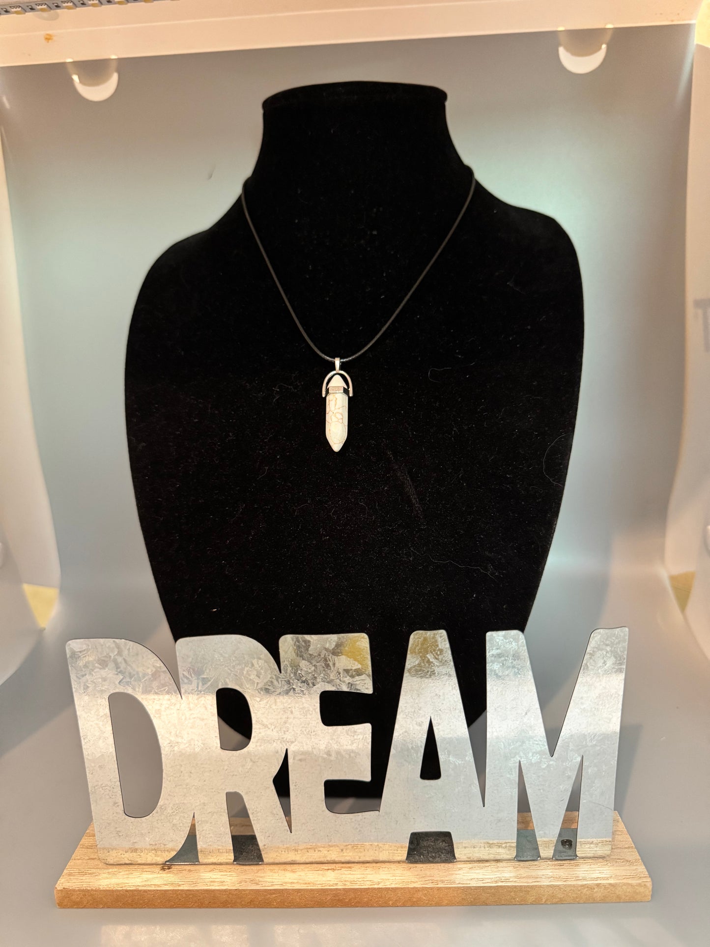 White & Brown Glass Pendant Necklace – 8" Cord